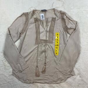 Joseph A Beige Boho Tunic Top Women’s Long Sleeve Tassel Tie Crochet Trim Size S